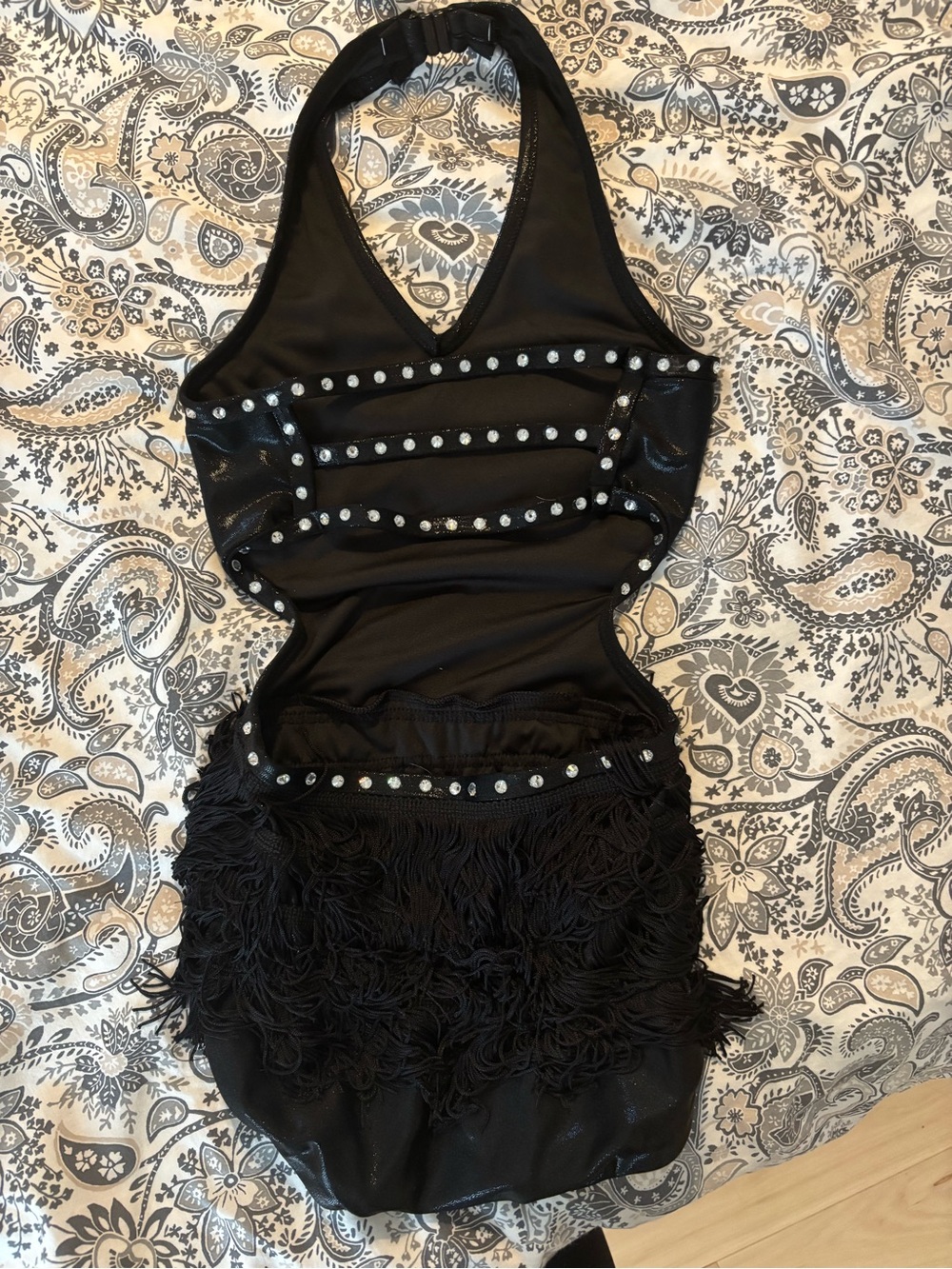 Girls Black Halter Fringe Dance Costume with Stud Accents